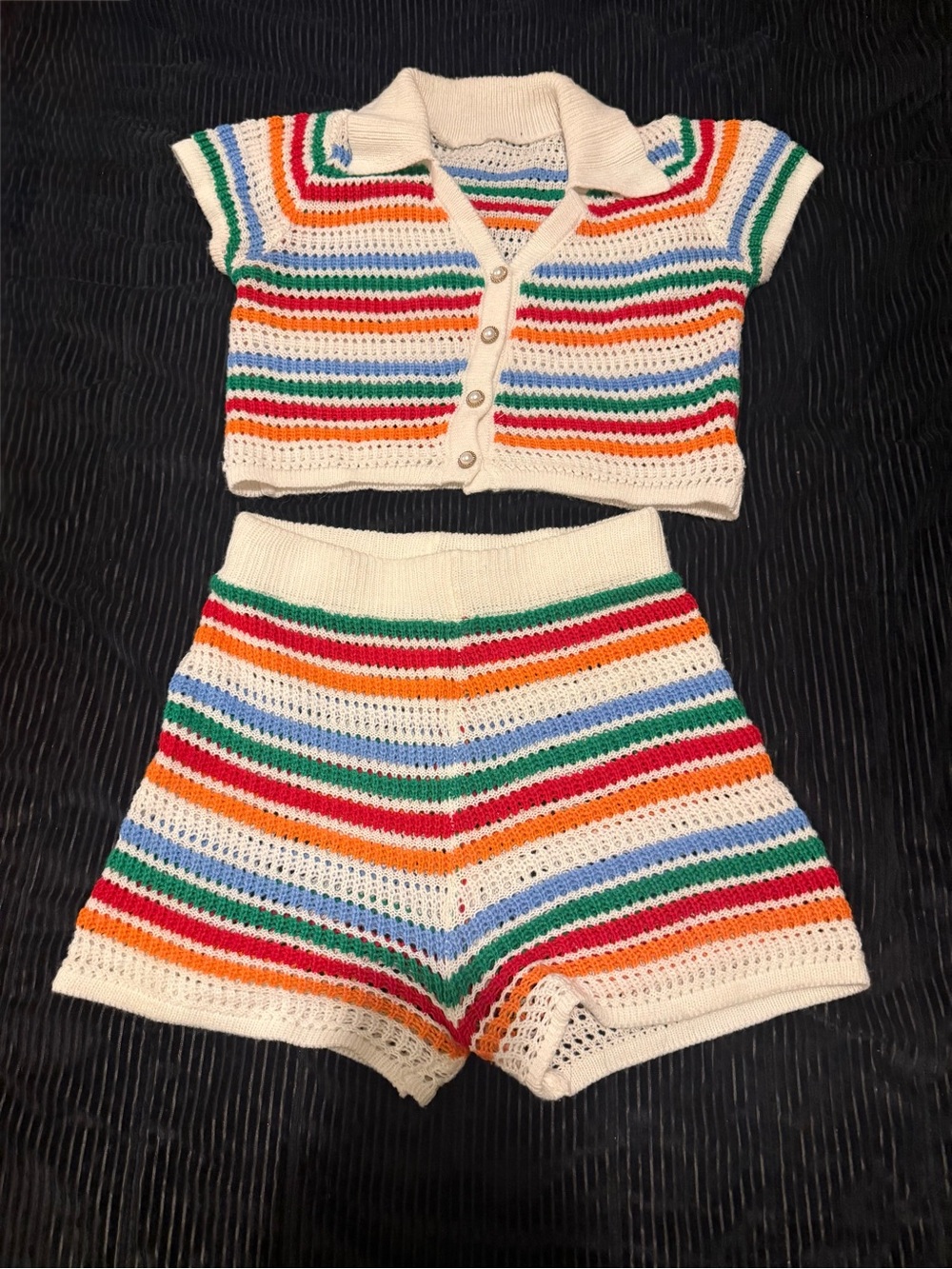 Rainbow Stripe Crochet Knit 2-Piece Shorts Set